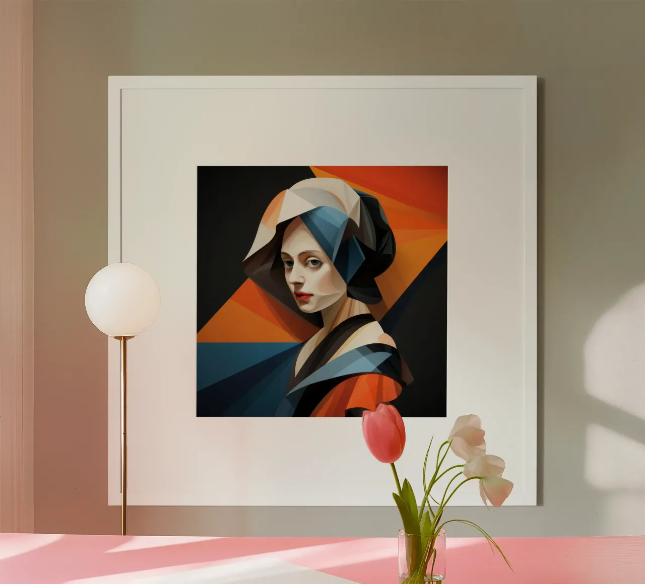 Donna olandese geometrica poster con telaio in legno da Artful Muse