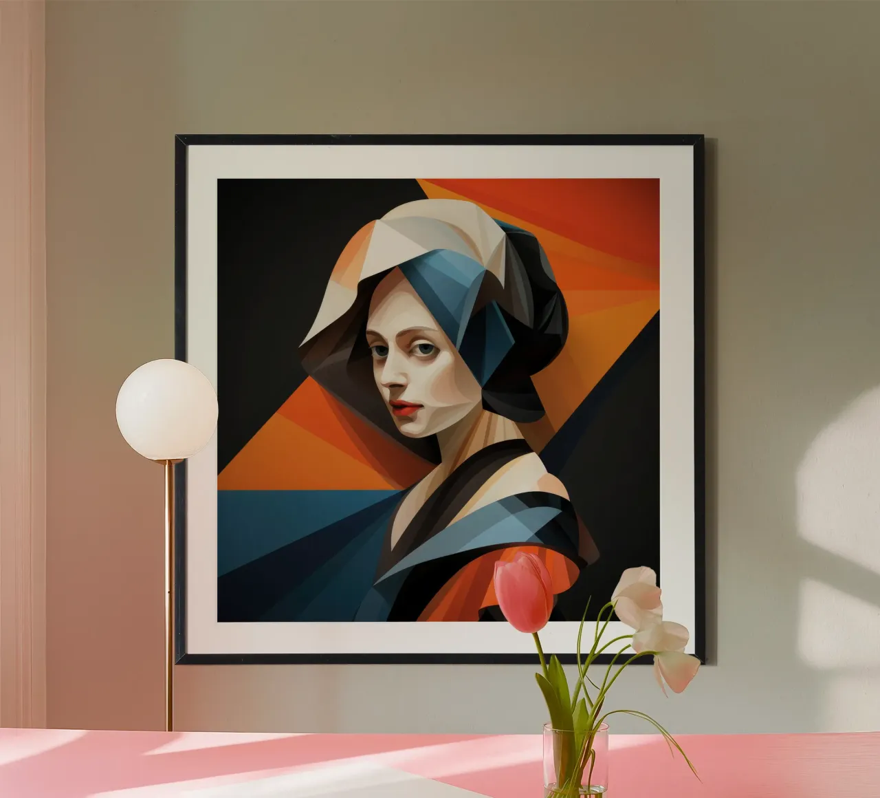 Donna olandese geometrica poster con telaio in legno da Artful Muse