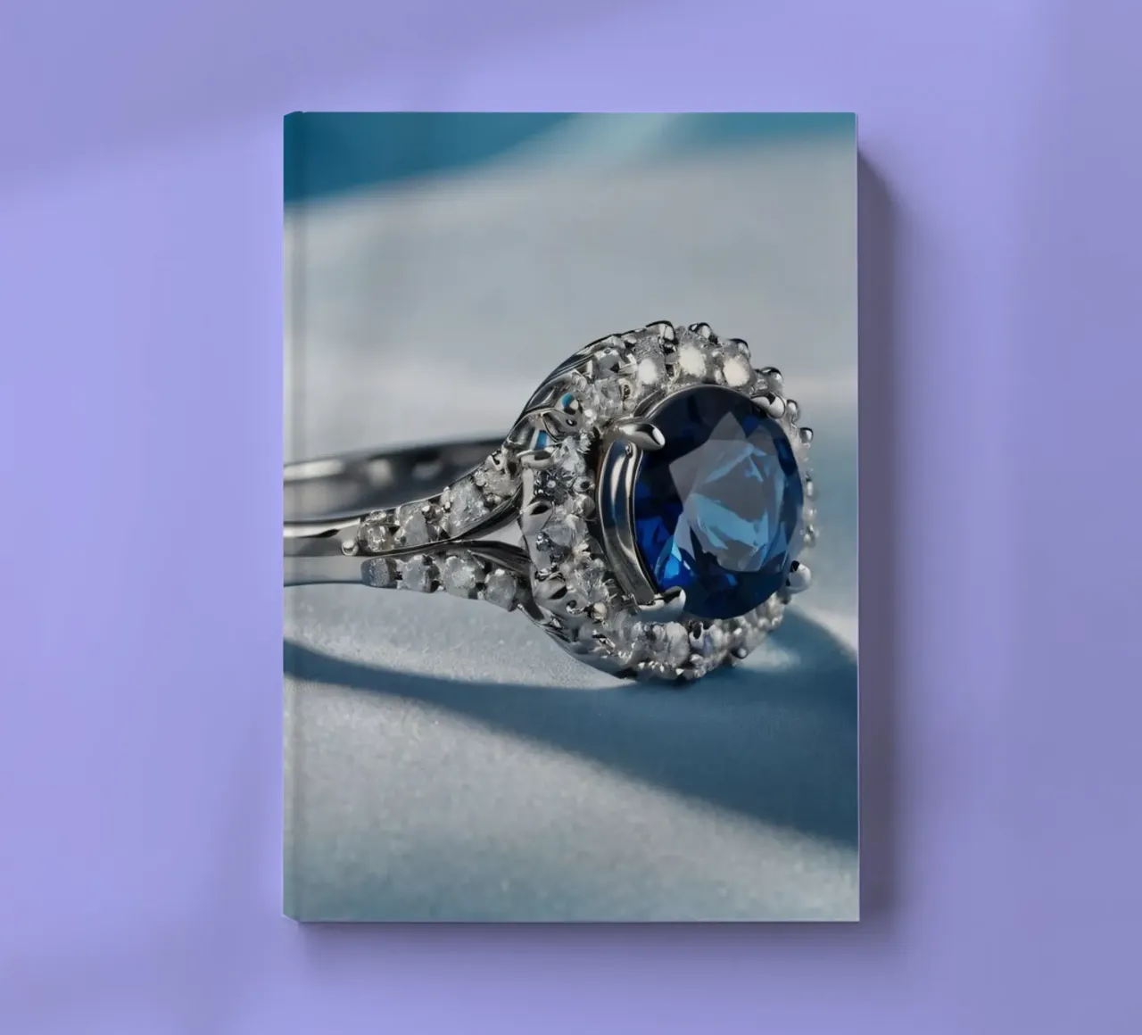 Elegant blue gemstone ring displayed on soft satin fabric notebook by DesignDoodle