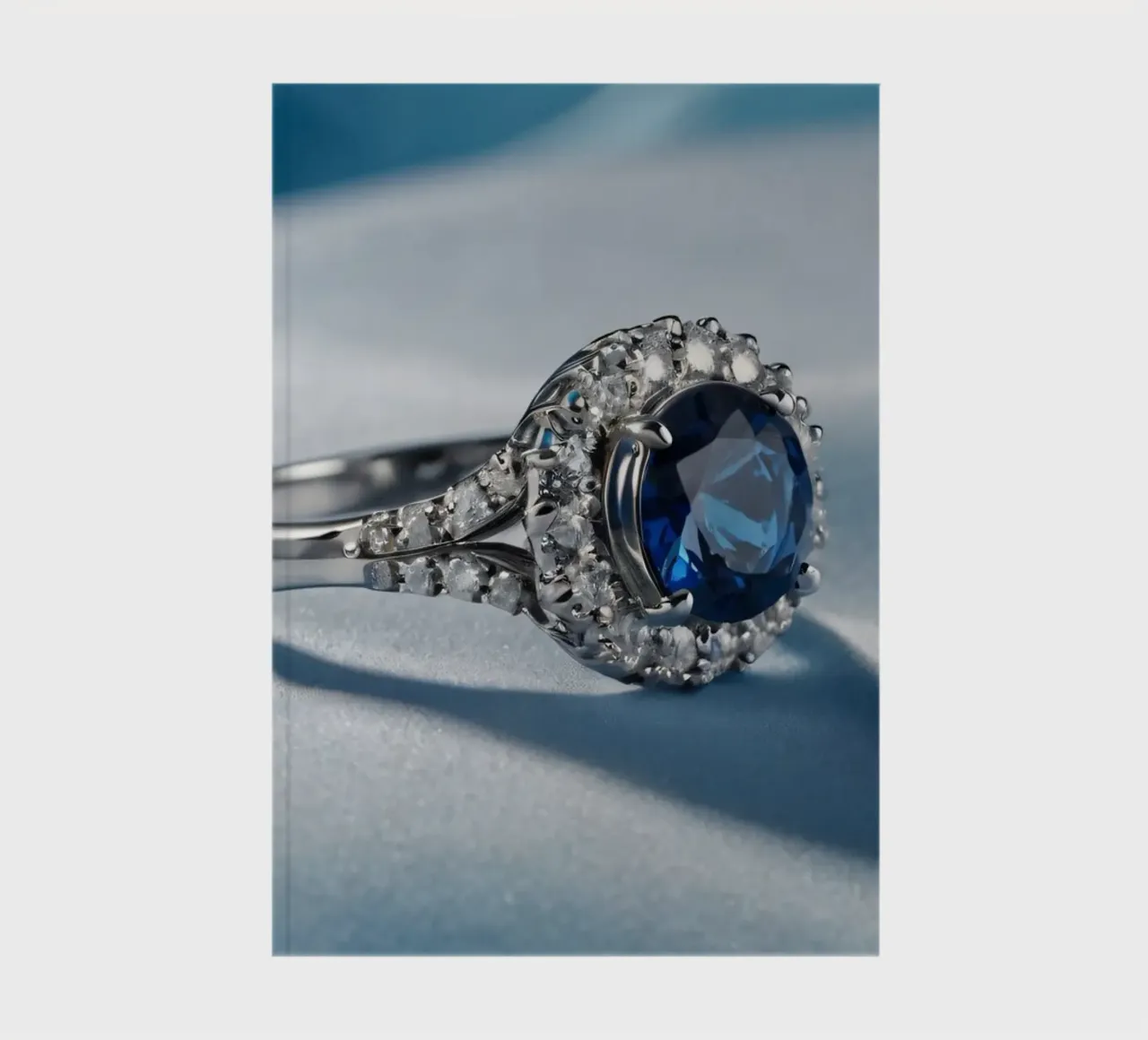 Elegant blue gemstone ring displayed on soft satin fabric notebook by DesignDoodle