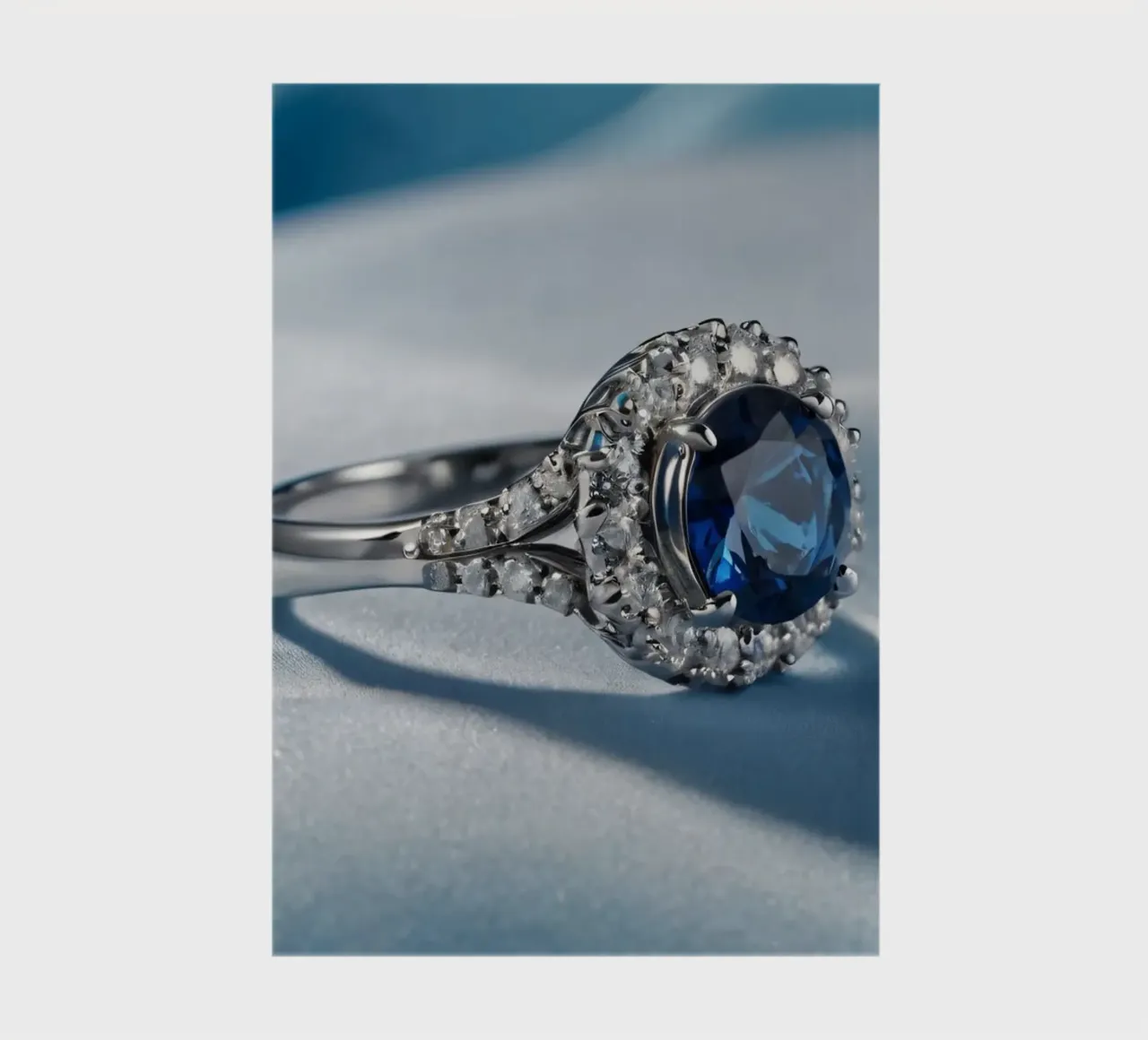 Elegant blue gemstone ring displayed on soft satin fabric notebook by DesignDoodle