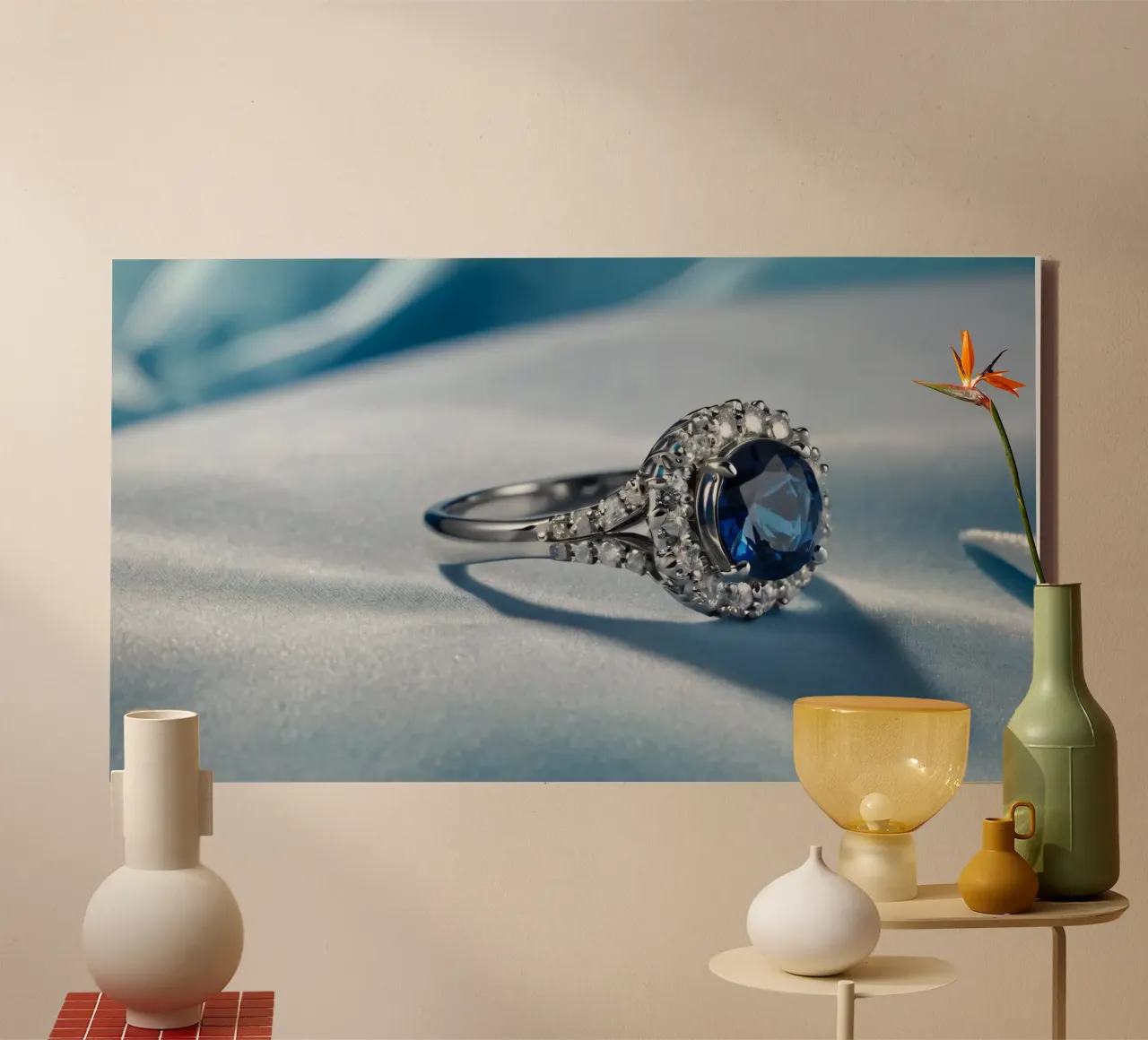 Elegant blue gemstone ring displayed on soft satin fabric canvas with Floater frame by DesignDoodle