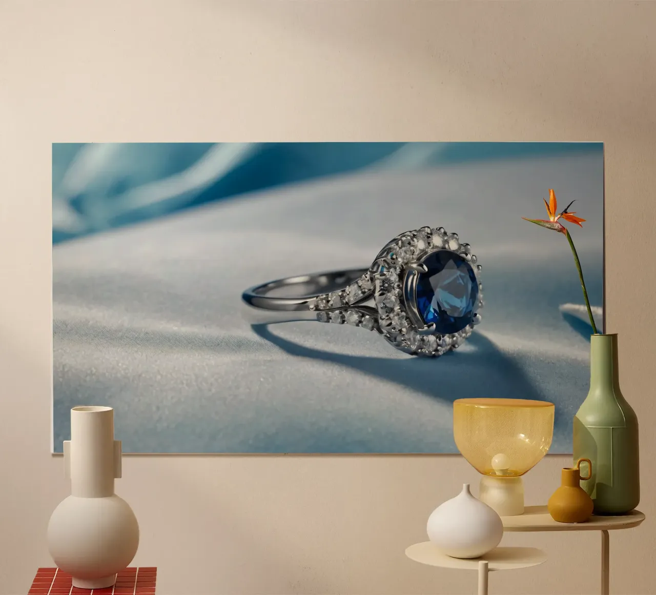 Elegante anello con gemma blu esposto su un morbido tessuto di raso poster con telaio in plastica da DesignDoodle