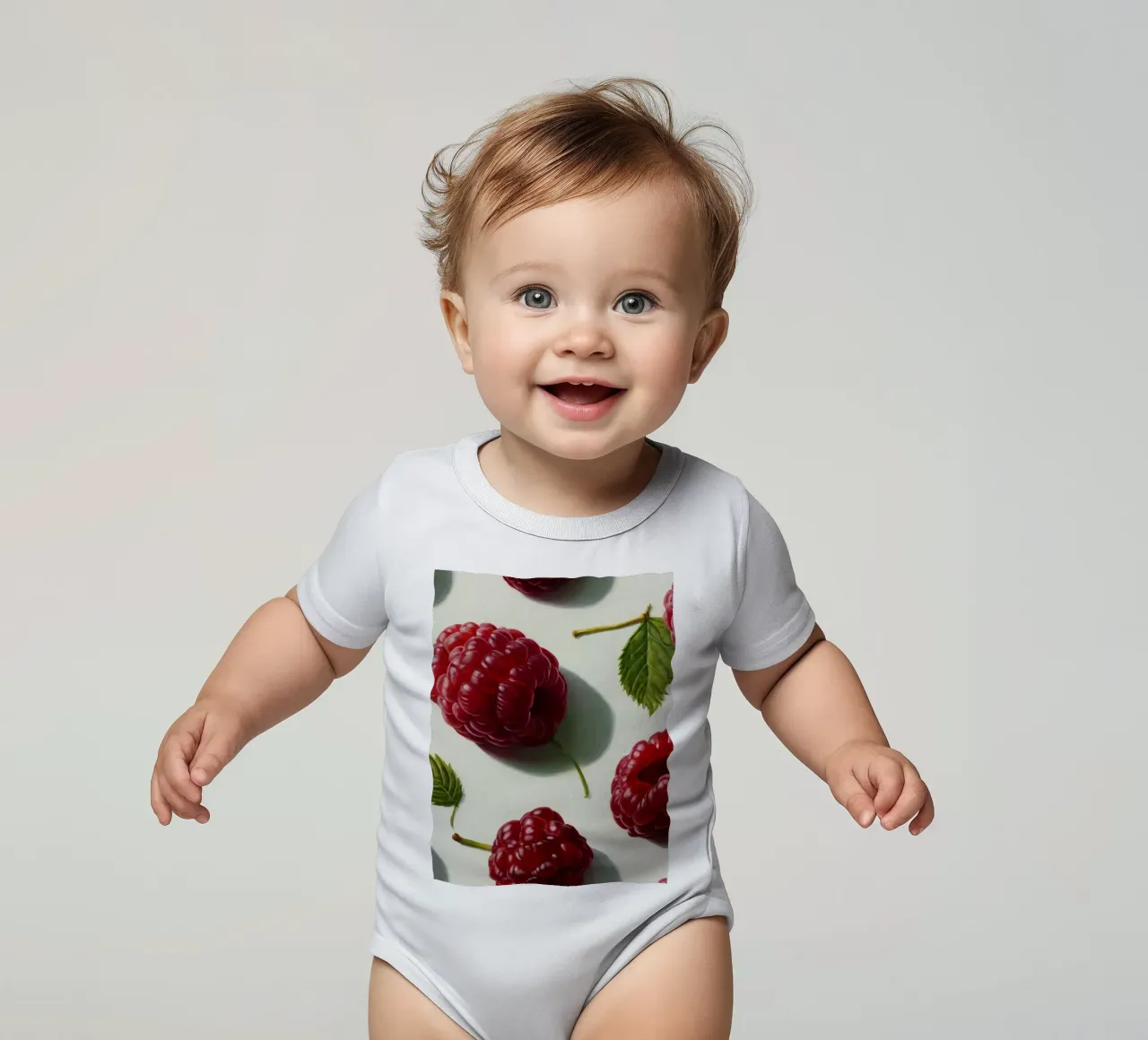 Freshly picked raspberries scattered on a light background short-sleeve baby romper by DesignDoodle