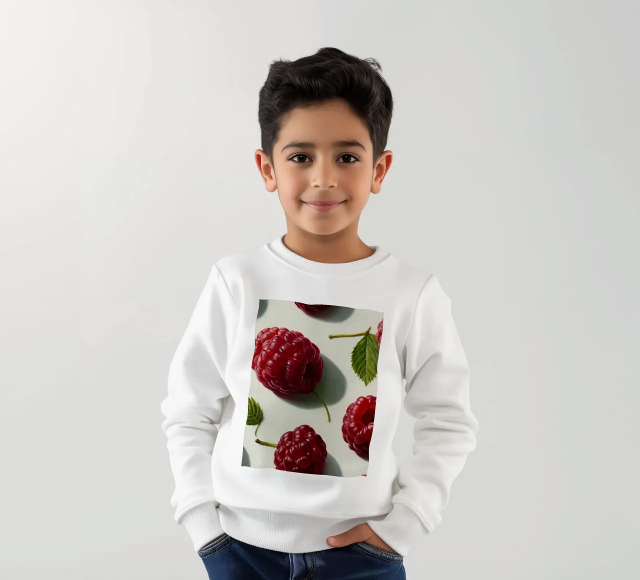Freshly picked raspberries scattered on a light background kids sweatshirt by DesignDoodle