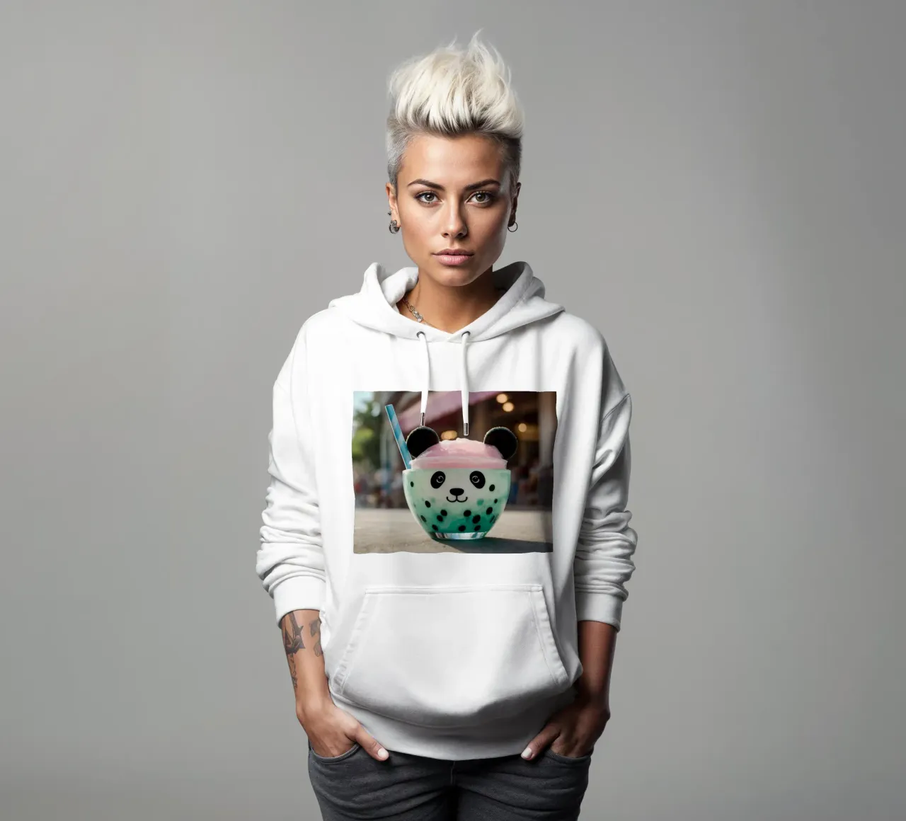 Kleurrijk panda-thema dessert geserveerd in een schattige beker hoodie van DesignDoodle