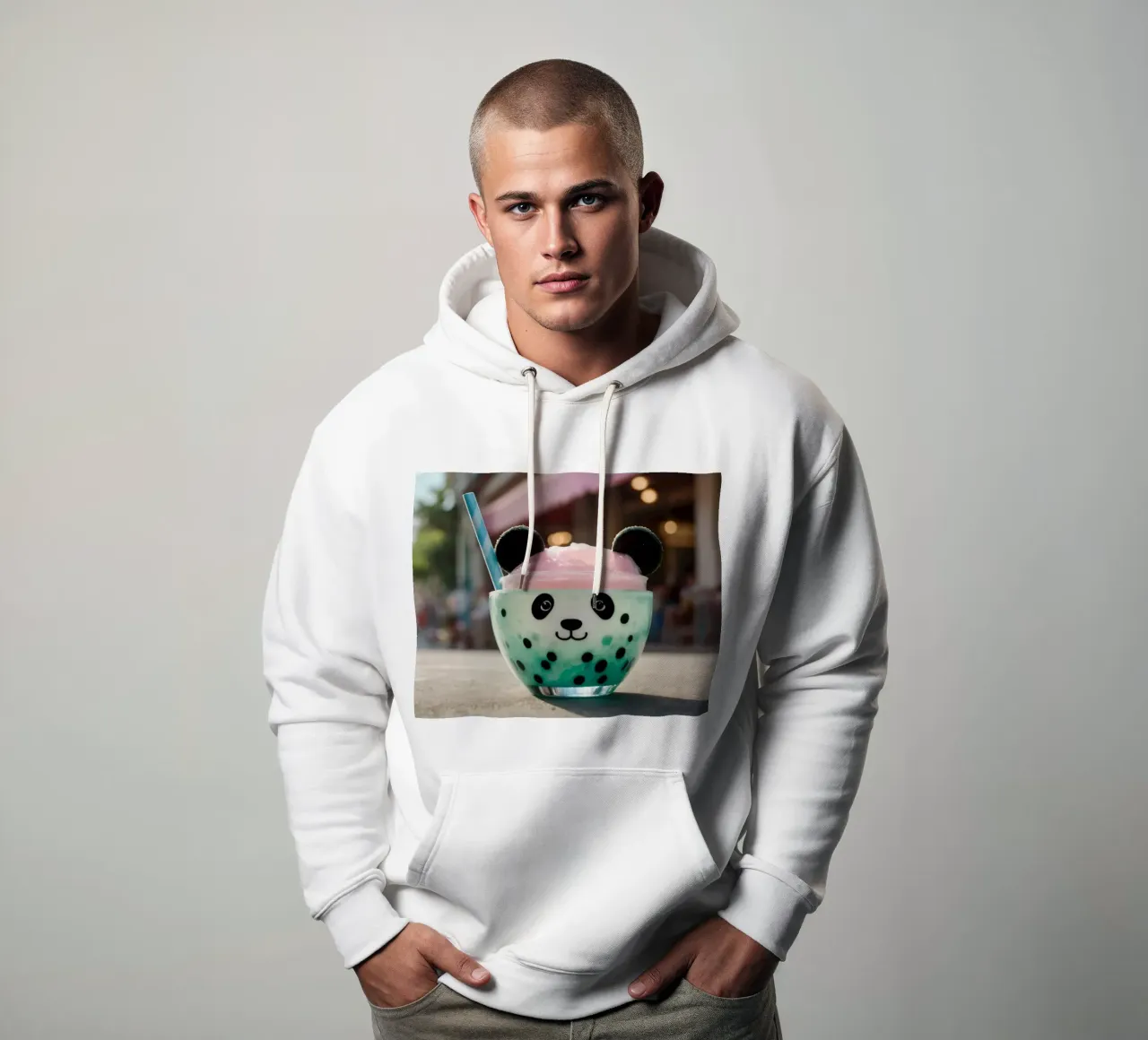 Dessert colorato a tema panda servito in una simpatica tazza felpa con cappuccio da DesignDoodle