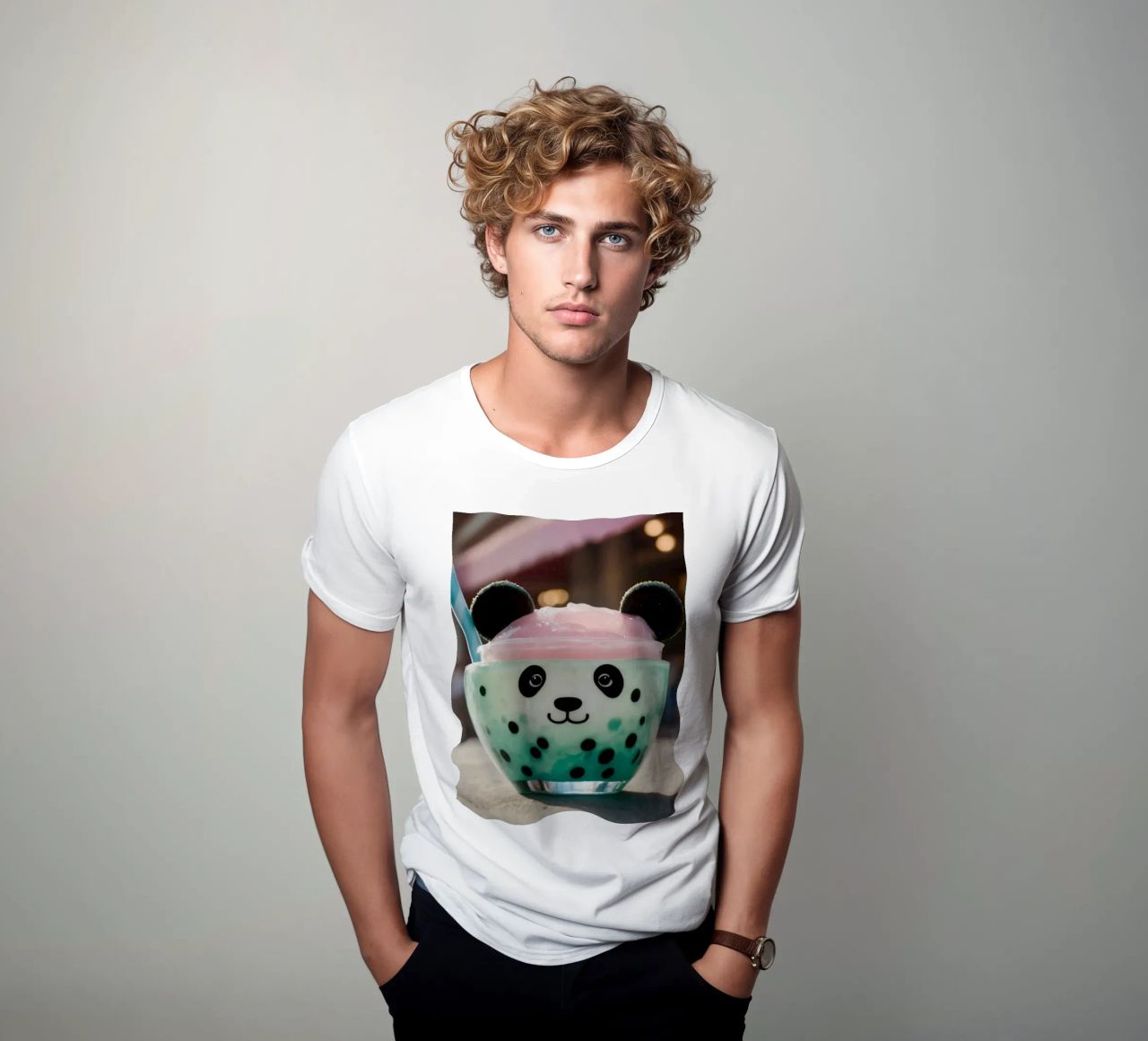 Dessert colorato a tema panda servito in una simpatica tazza t-shirt da DesignDoodle