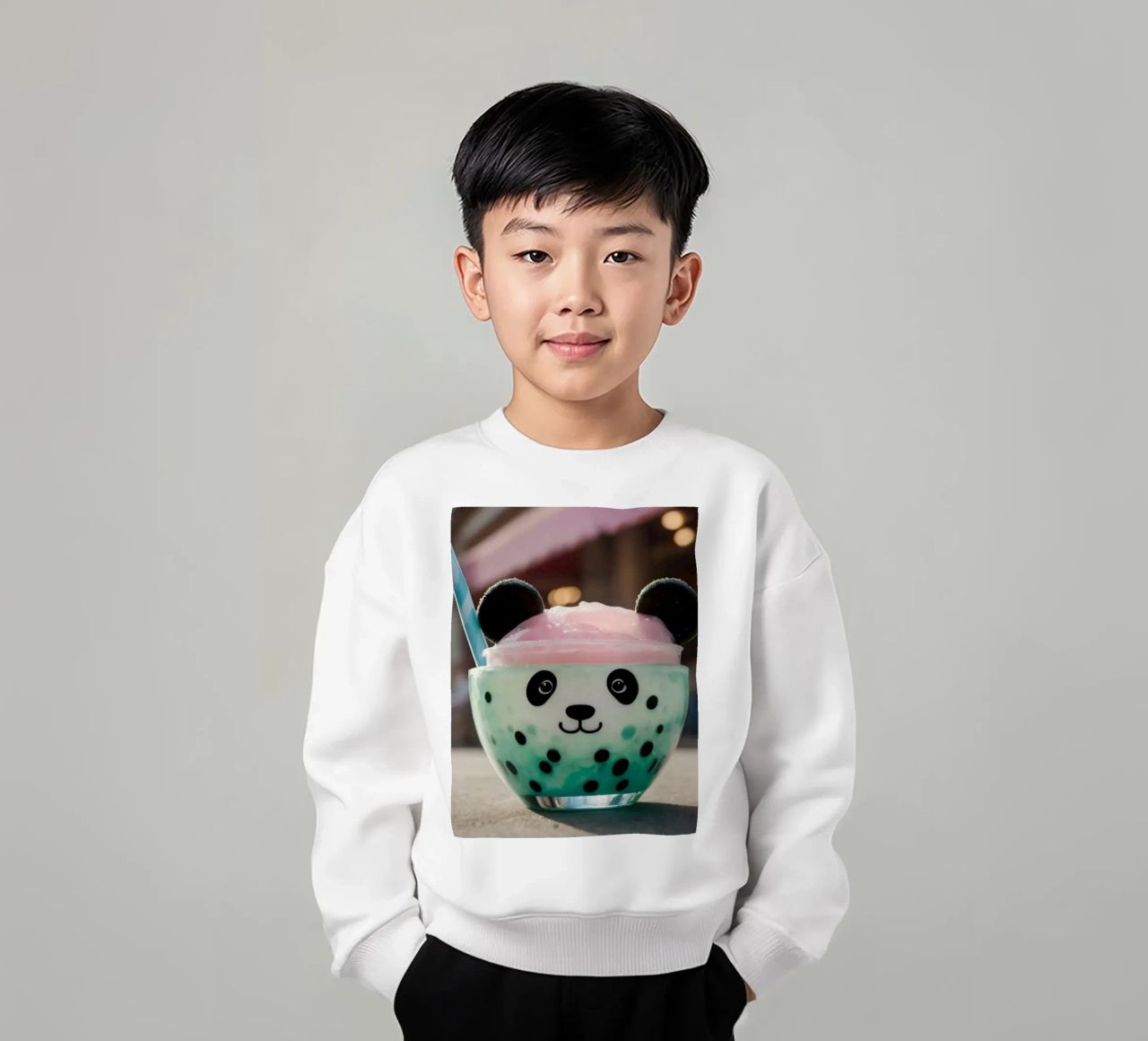 Dessert colorato a tema panda servito in una simpatica tazza felpa bambino da DesignDoodle
