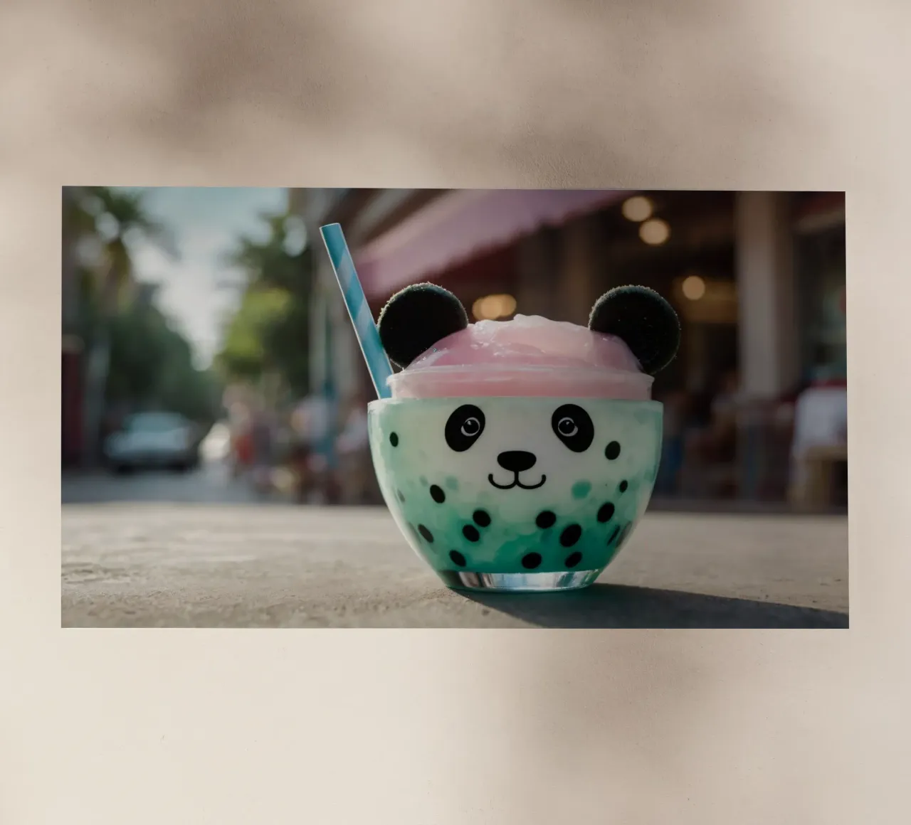 Dessert colorato a tema panda servito in una simpatica tazza pellicola backlit da DesignDoodle