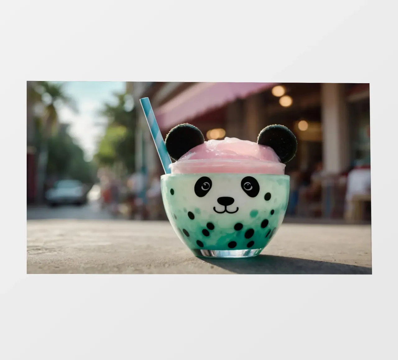 Dessert colorato a tema panda servito in una simpatica tazza pellicola backlit da DesignDoodle