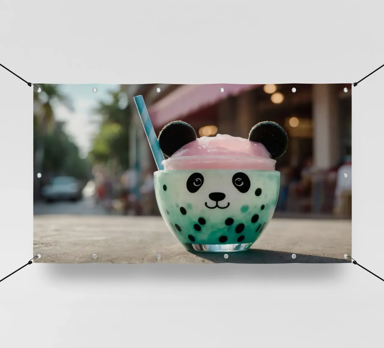 Dessert colorato a tema panda servito in una simpatica tazza telo in pvc da DesignDoodle