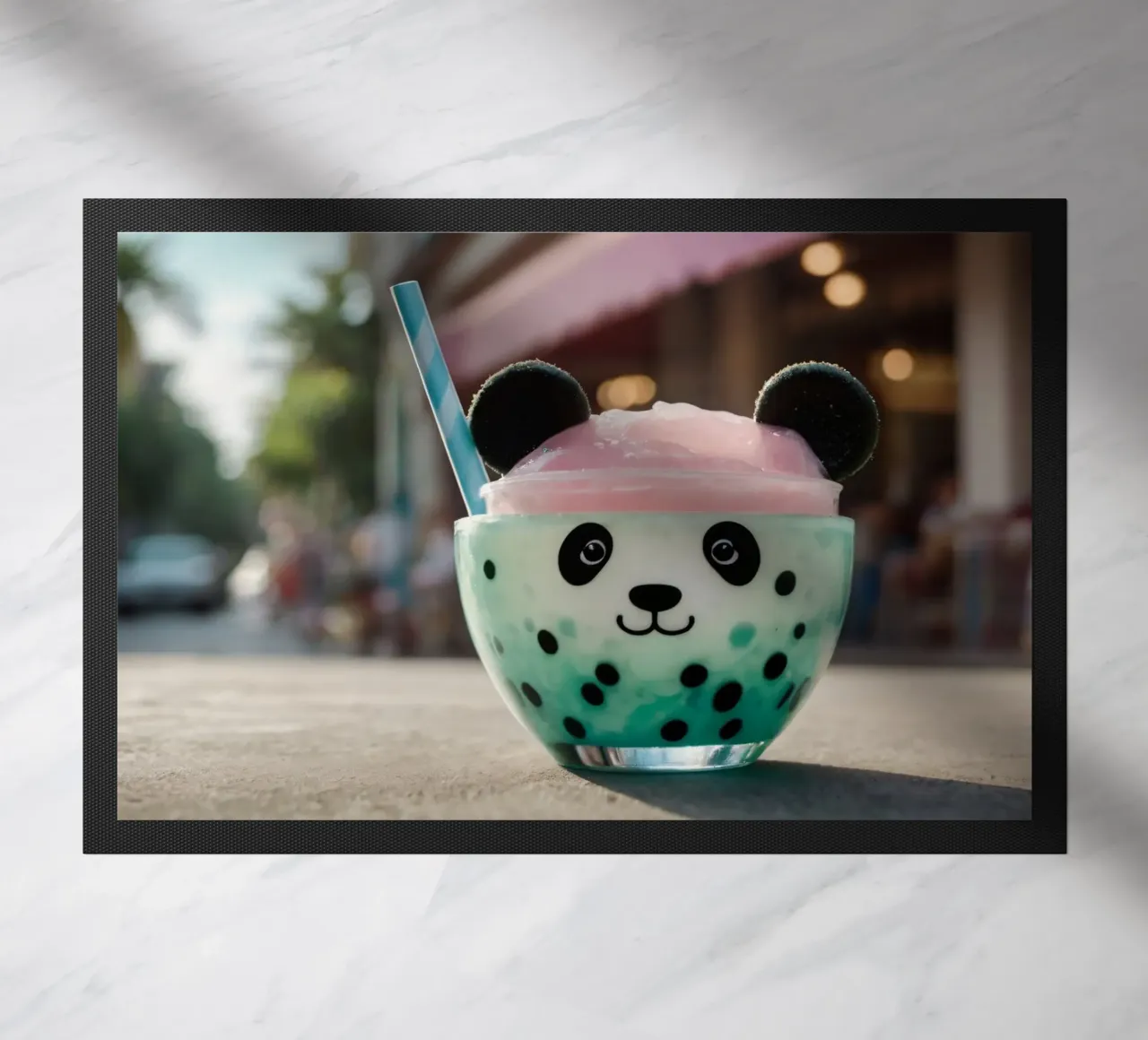 Colorful panda-themed dessert served in a cute cup doormat by DesignDoodle