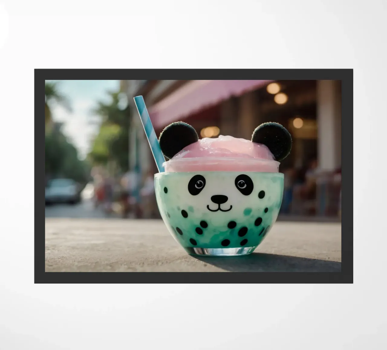 Kleurrijk panda-thema dessert geserveerd in een schattige beker deurmat van DesignDoodle
