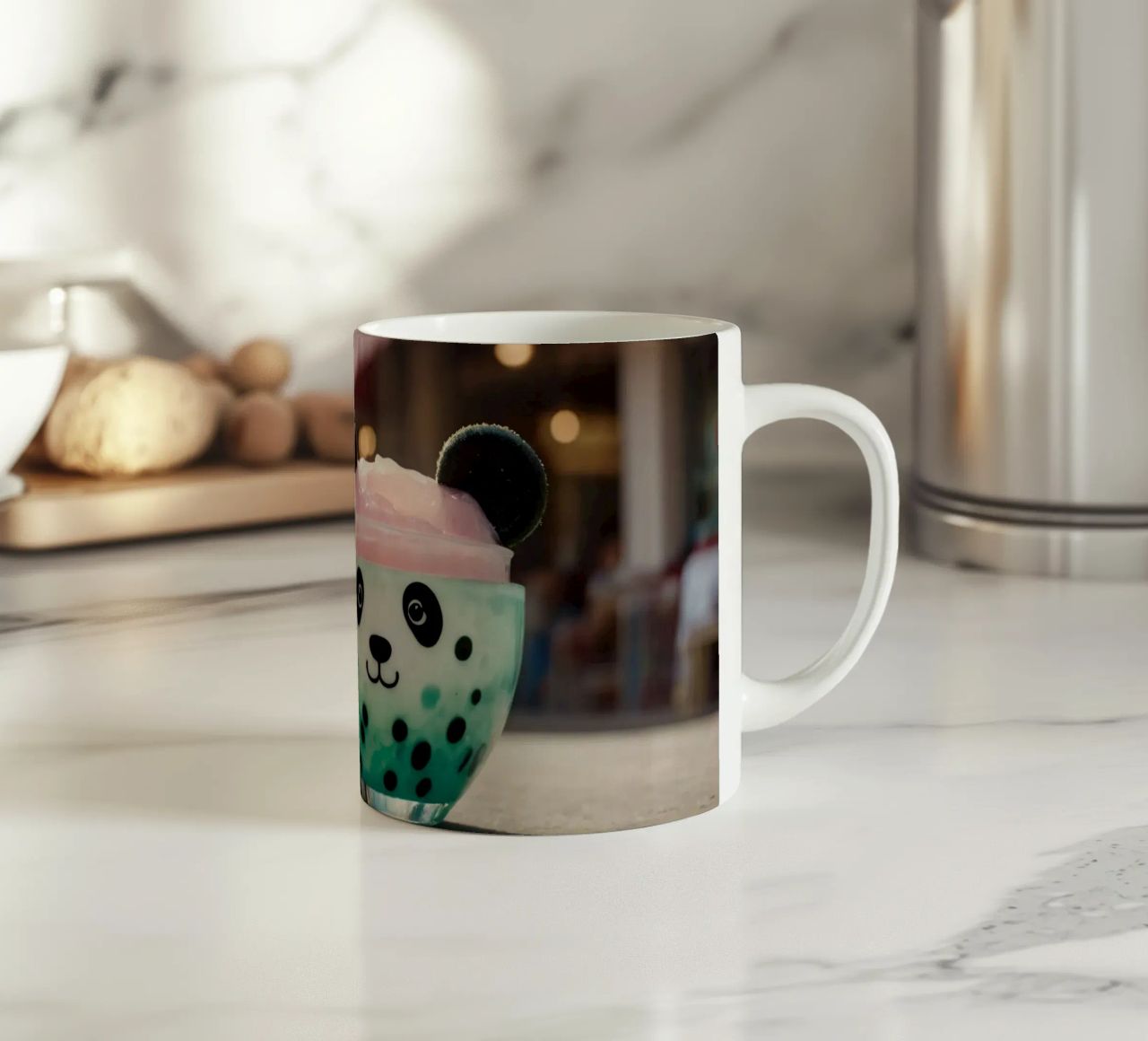 Dessert colorato a tema panda servito in una simpatica tazza tazza in ceramica da DesignDoodle