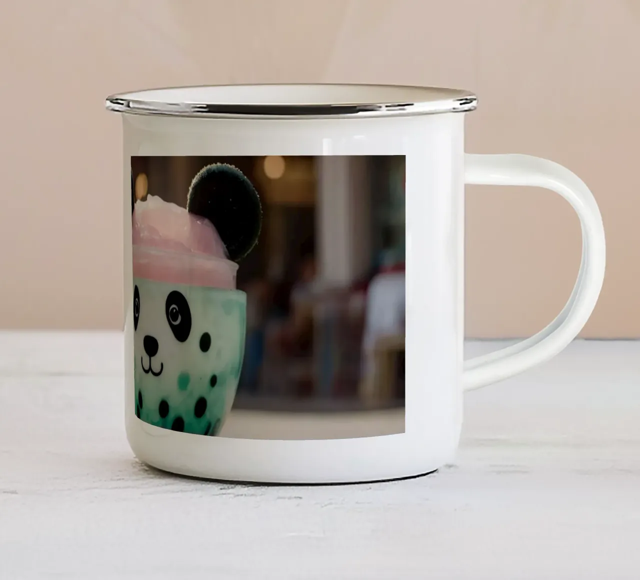 Colorful panda-themed dessert served in a cute cup enamel mug by DesignDoodle