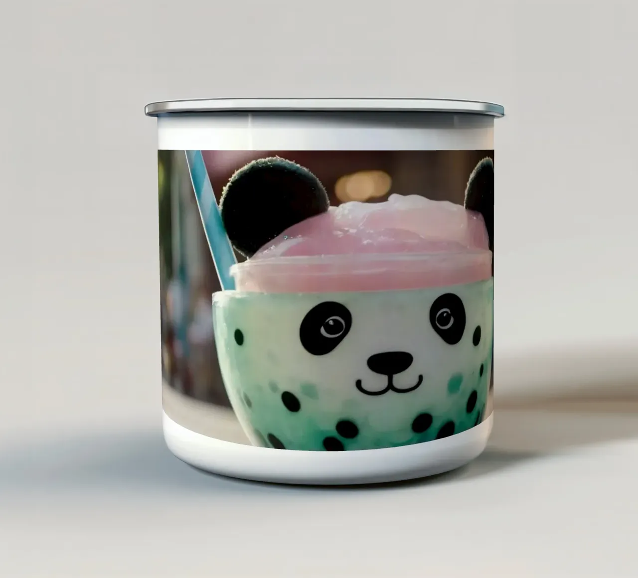 Colorful panda-themed dessert served in a cute cup enamel mug by DesignDoodle