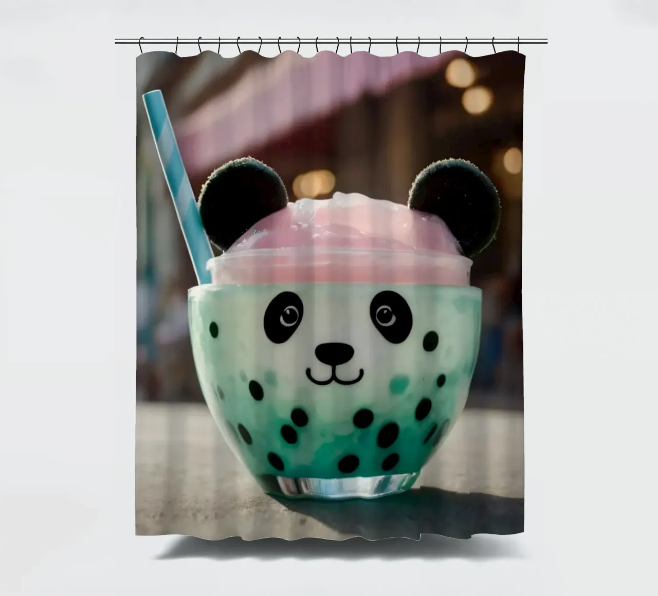 Dessert colorato a tema panda servito in una simpatica tazza tenda da doccia da DesignDoodle