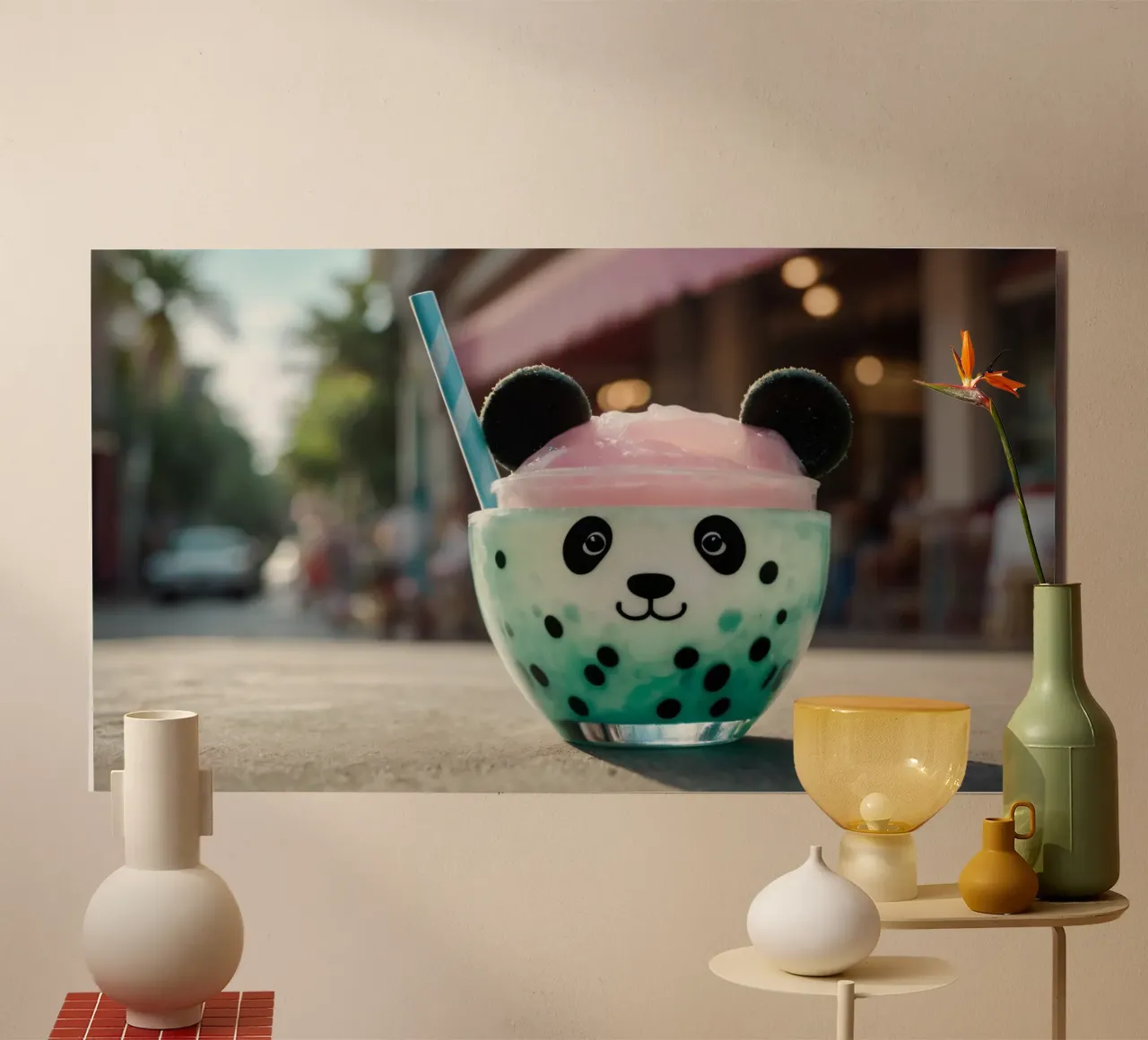 Dessert colorato a tema panda servito in una simpatica tazza pannello forex da DesignDoodle