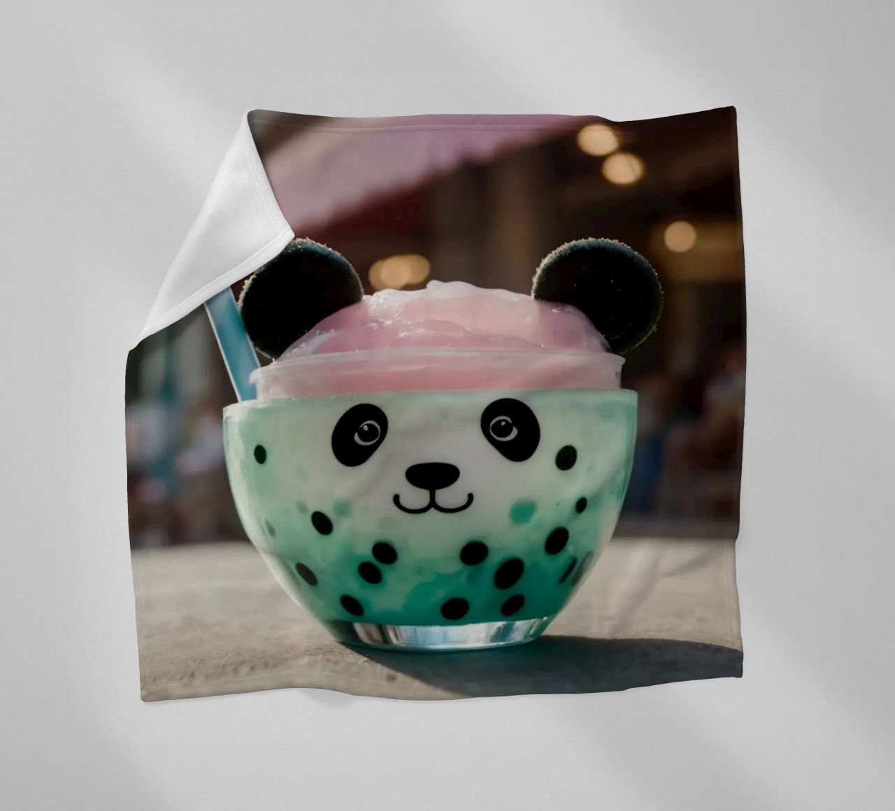 Dessert colorato a tema panda servito in una simpatica tazza coperta in pile da DesignDoodle