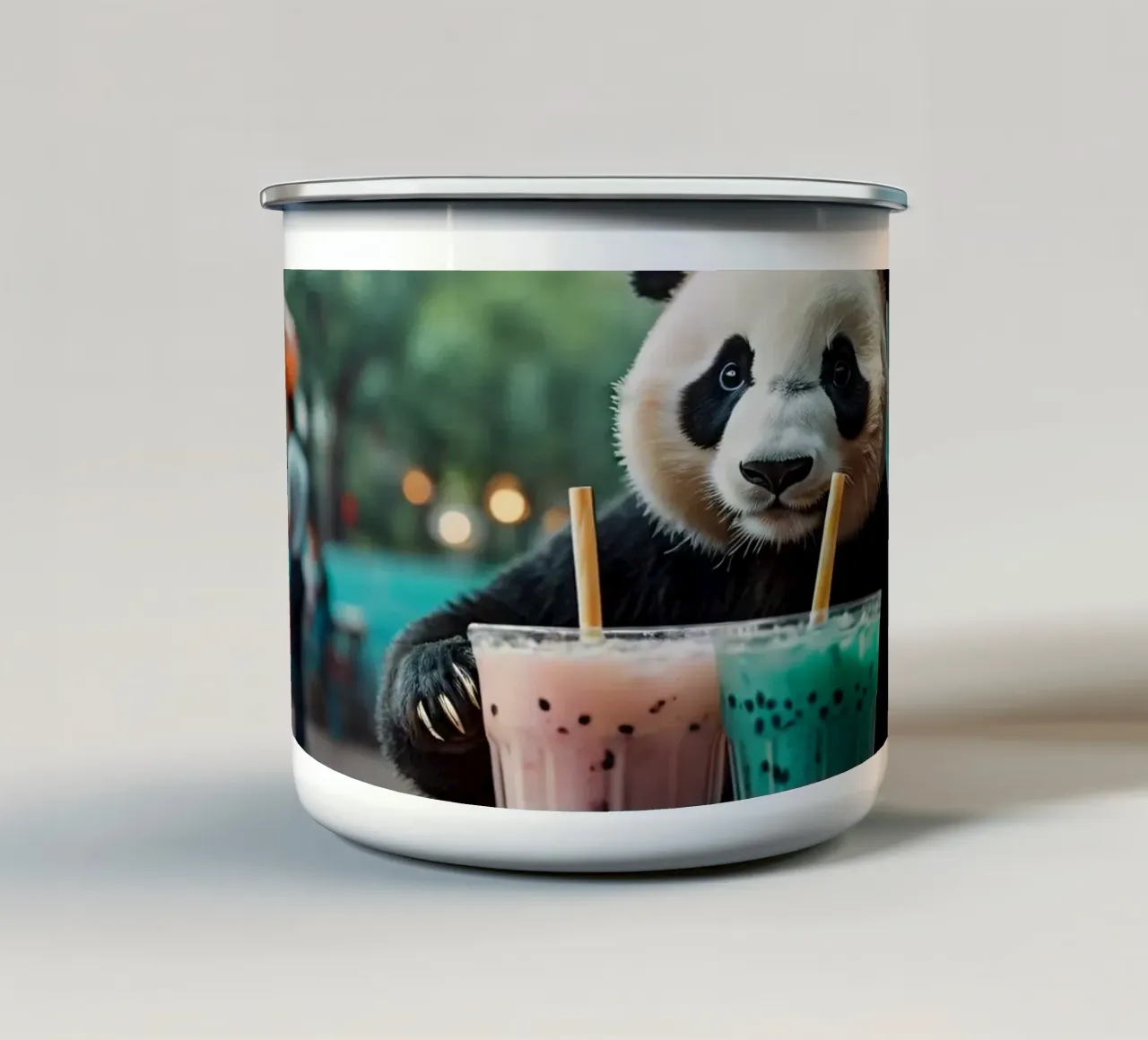 Un panda giocherellone che gusta coloratissimi bubble tea tazza in smalto da DesignDoodle