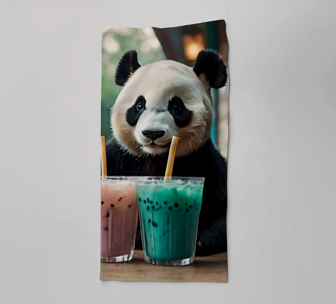 A playful panda enjoying colorful bubble teas towel by DesignDoodle