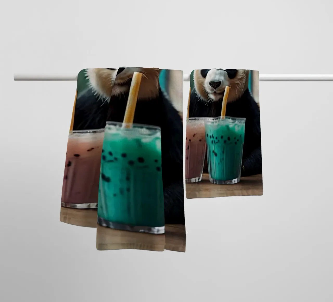 A playful panda enjoying colorful bubble teas towel by DesignDoodle