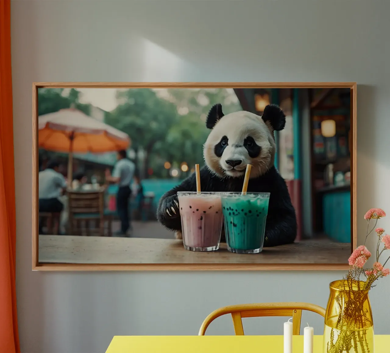 A playful panda enjoying colorful bubble teas canvas with Floater frame by DesignDoodle