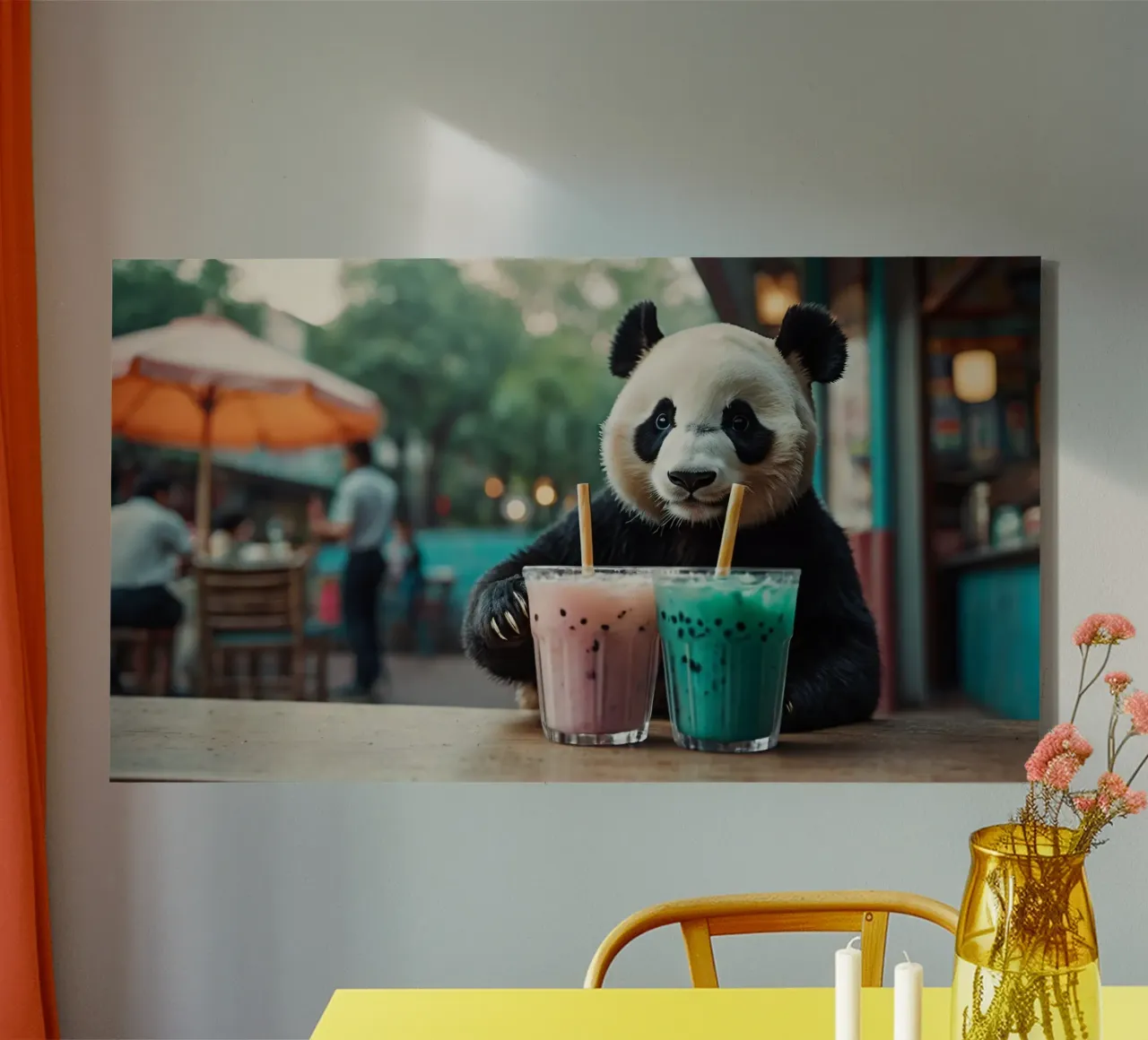 A playful panda enjoying colorful bubble teas canvas with Floater frame by DesignDoodle