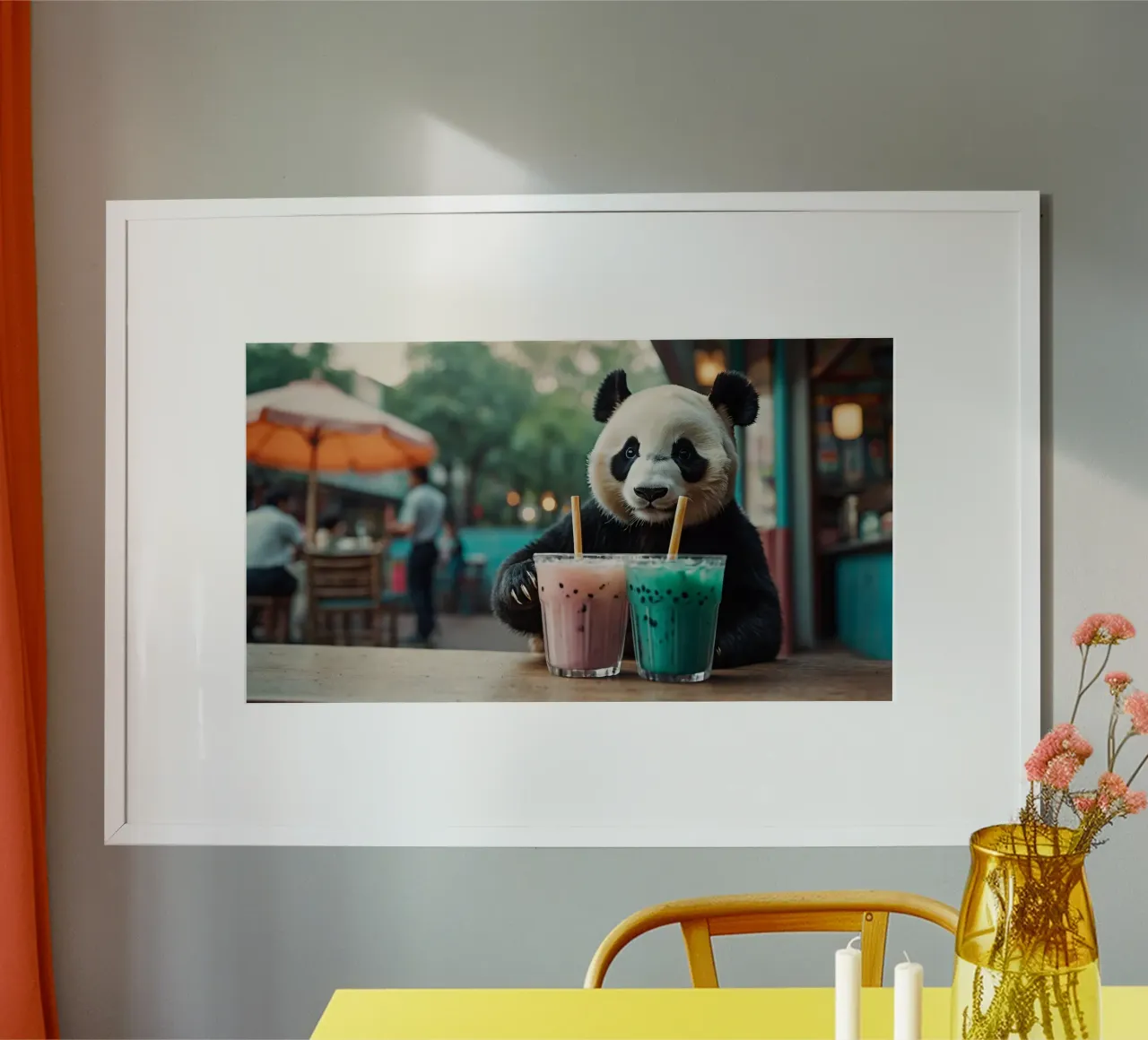 Un panda giocherellone che gusta coloratissimi bubble tea poster da DesignDoodle