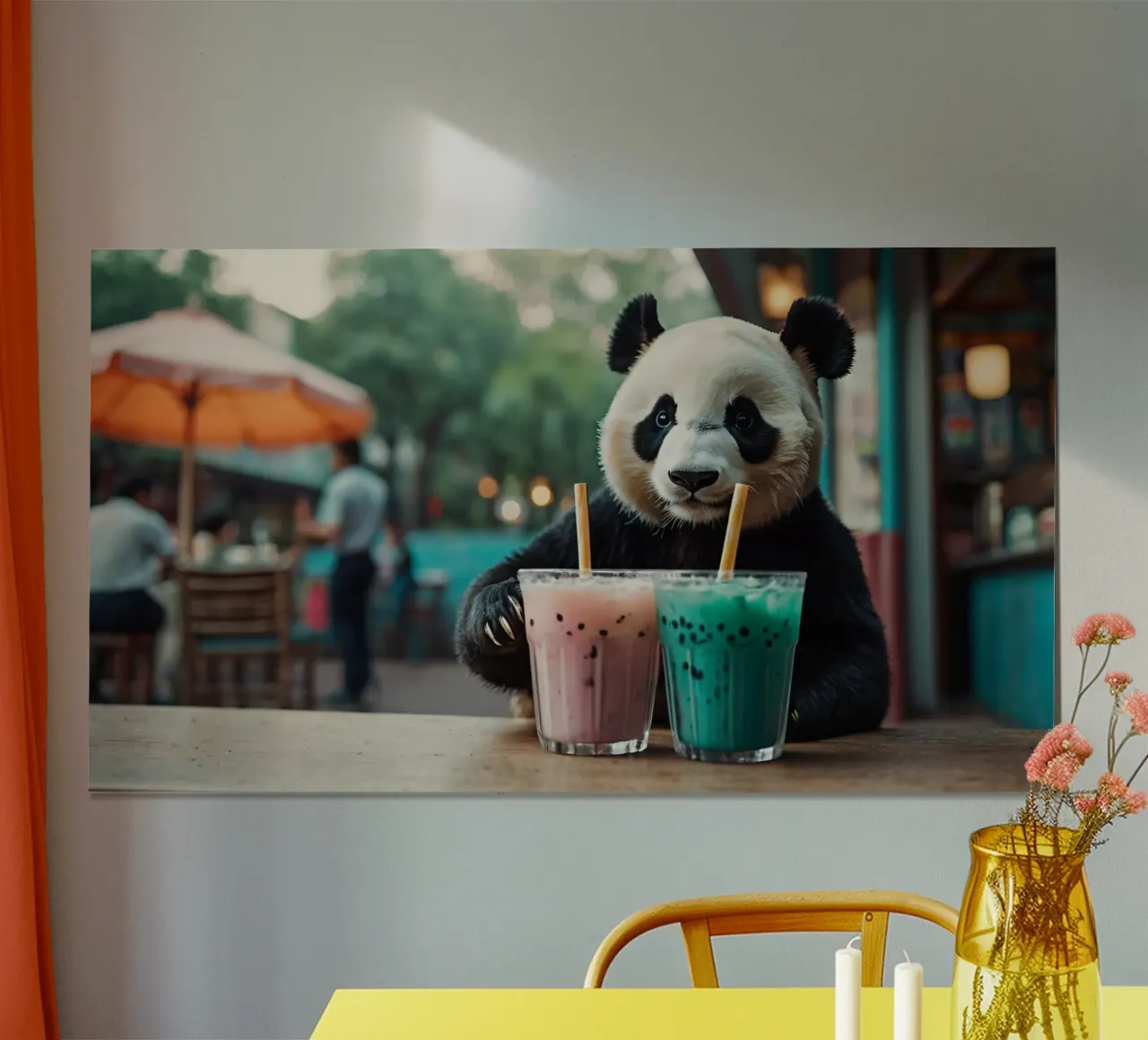Un panda giocherellone che gusta coloratissimi bubble tea poster da DesignDoodle