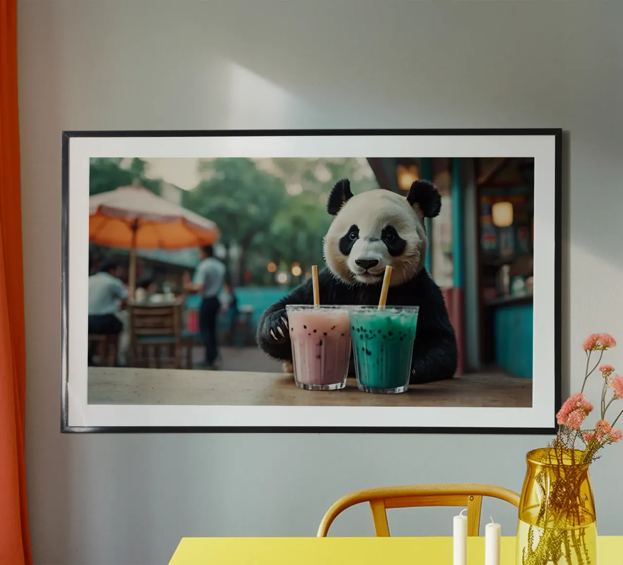 Un panda giocherellone che gusta coloratissimi bubble tea poster da DesignDoodle