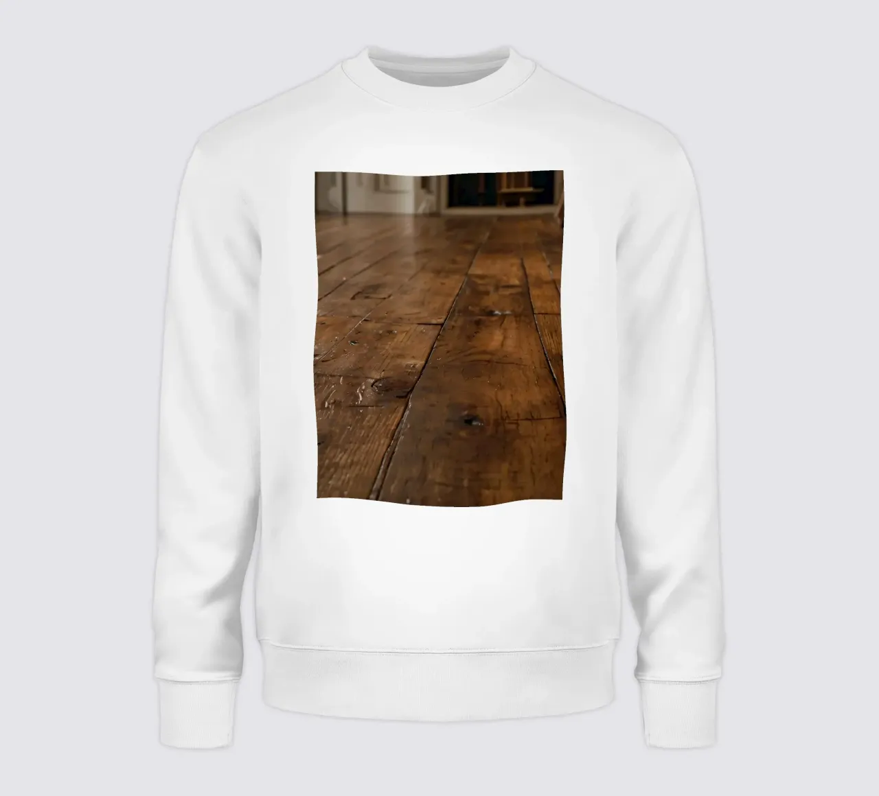 Pavimento in legno con texture ricca e lucentezza in un ambiente accogliente felpa da DesignDoodle