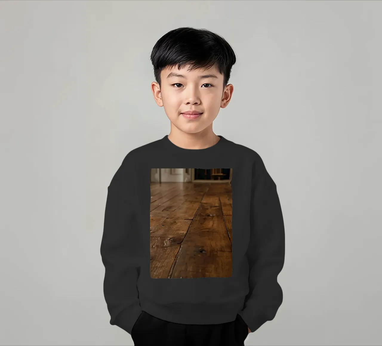 Pavimento in legno con texture ricca e lucentezza in un ambiente accogliente felpa bambino da DesignDoodle