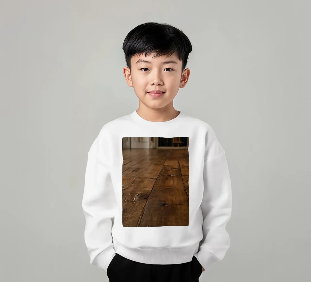 Pavimento in legno con texture ricca e lucentezza in un ambiente accogliente felpa bambino da DesignDoodle