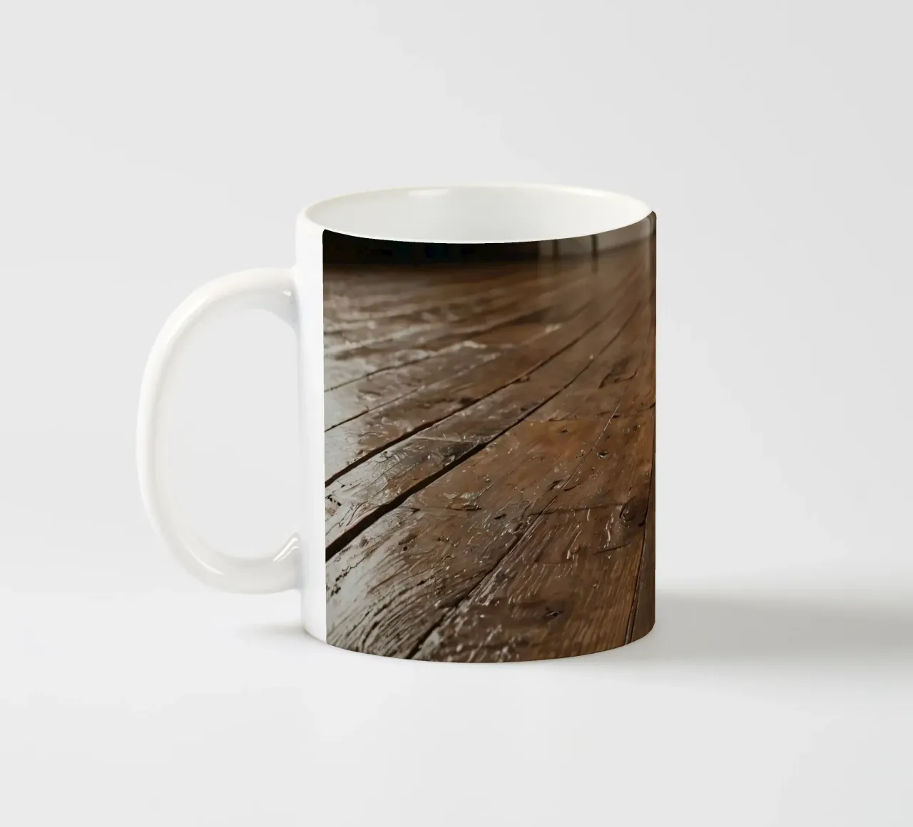 Pavimento in legno con texture ricca e lucentezza in un ambiente accogliente tazza in ceramica da DesignDoodle