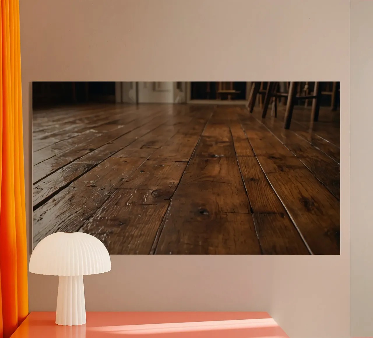 Pavimento in legno con texture ricca e lucentezza in un ambiente accogliente plexiglass da DesignDoodle