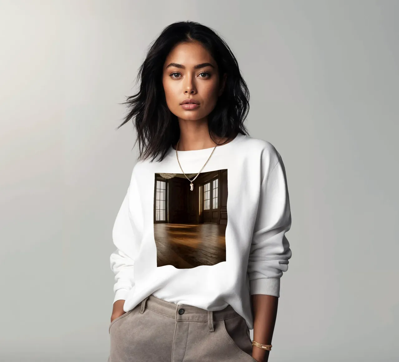 empty room with polished wooden floor and large windows sweatshirt by DesignDoodle