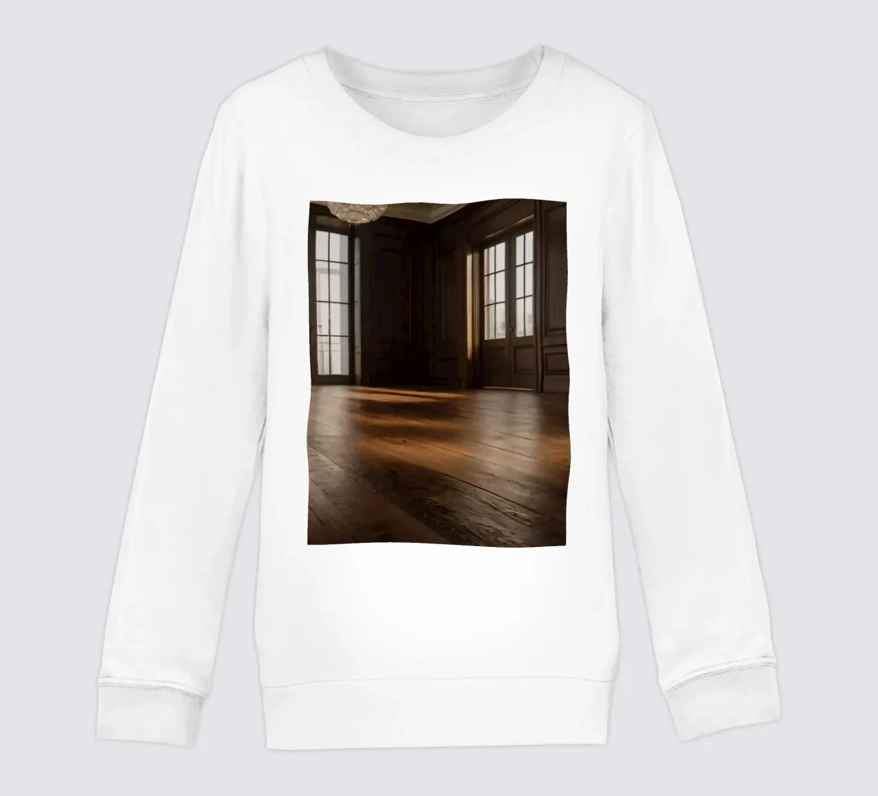 empty room with polished wooden floor and large windows kids sweatshirt by DesignDoodle