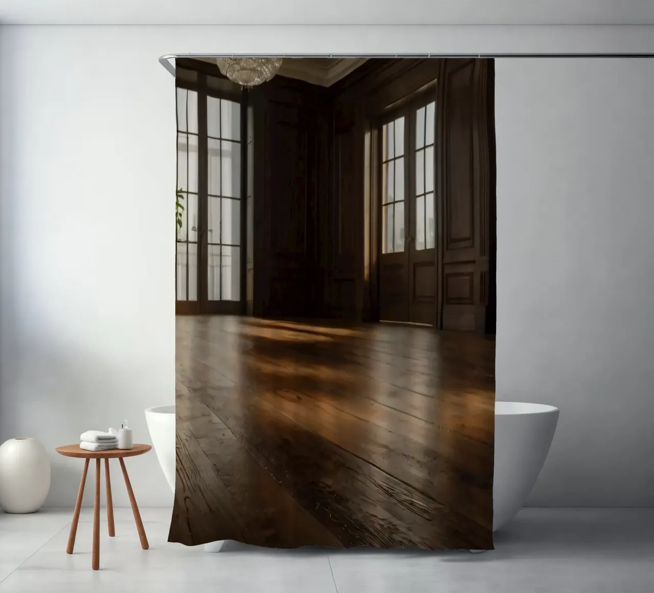 empty room with polished wooden floor and large windows shower curtain by DesignDoodle