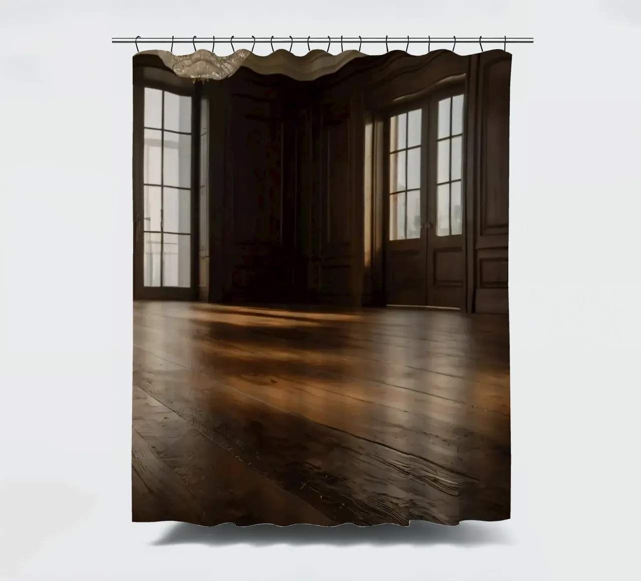 empty room with polished wooden floor and large windows shower curtain by DesignDoodle