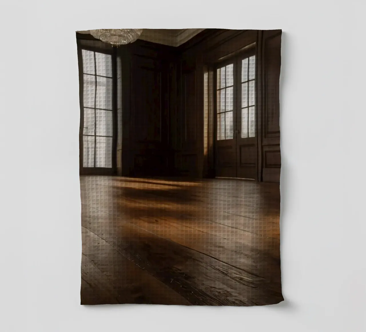 empty room with polished wooden floor and large windows tea towel by DesignDoodle