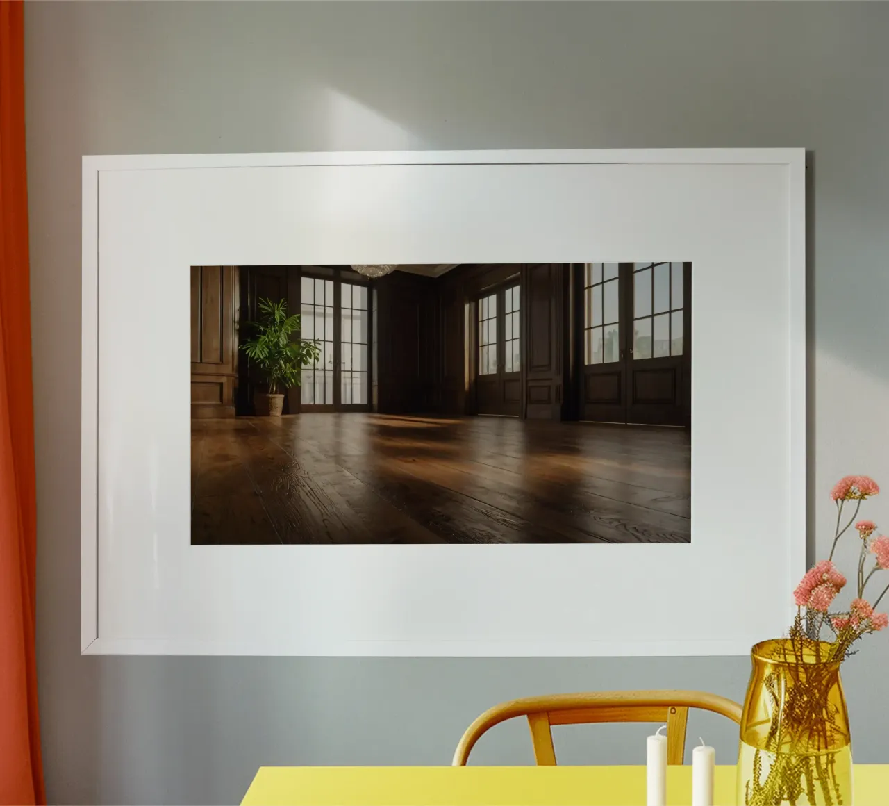 empty room with polished wooden floor and large windows hahnemühle by DesignDoodle