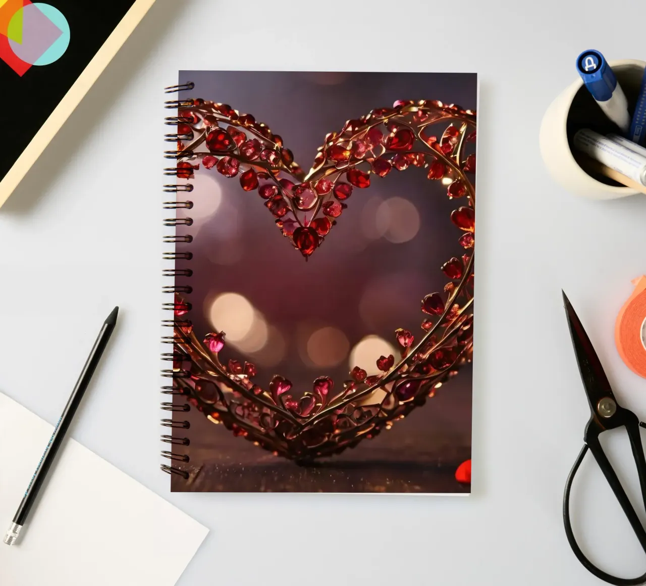 A decorative heart-shaped arrangement with sparkling gems spiral notebook by DesignDoodle
