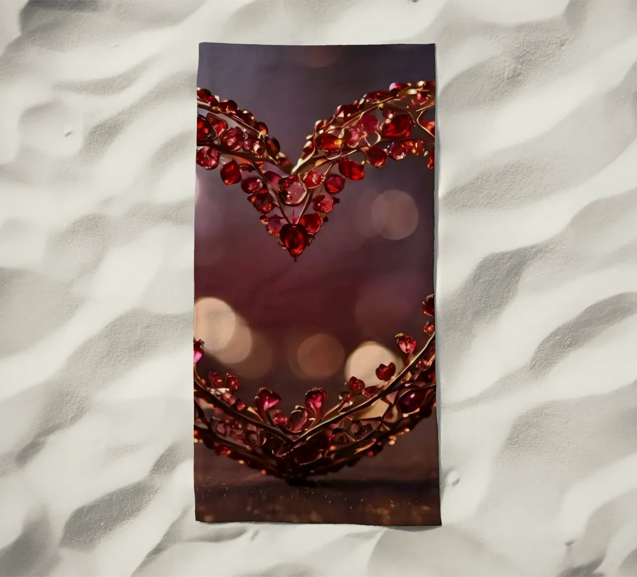 A decorative heart-shaped arrangement with sparkling gems beach towel by DesignDoodle