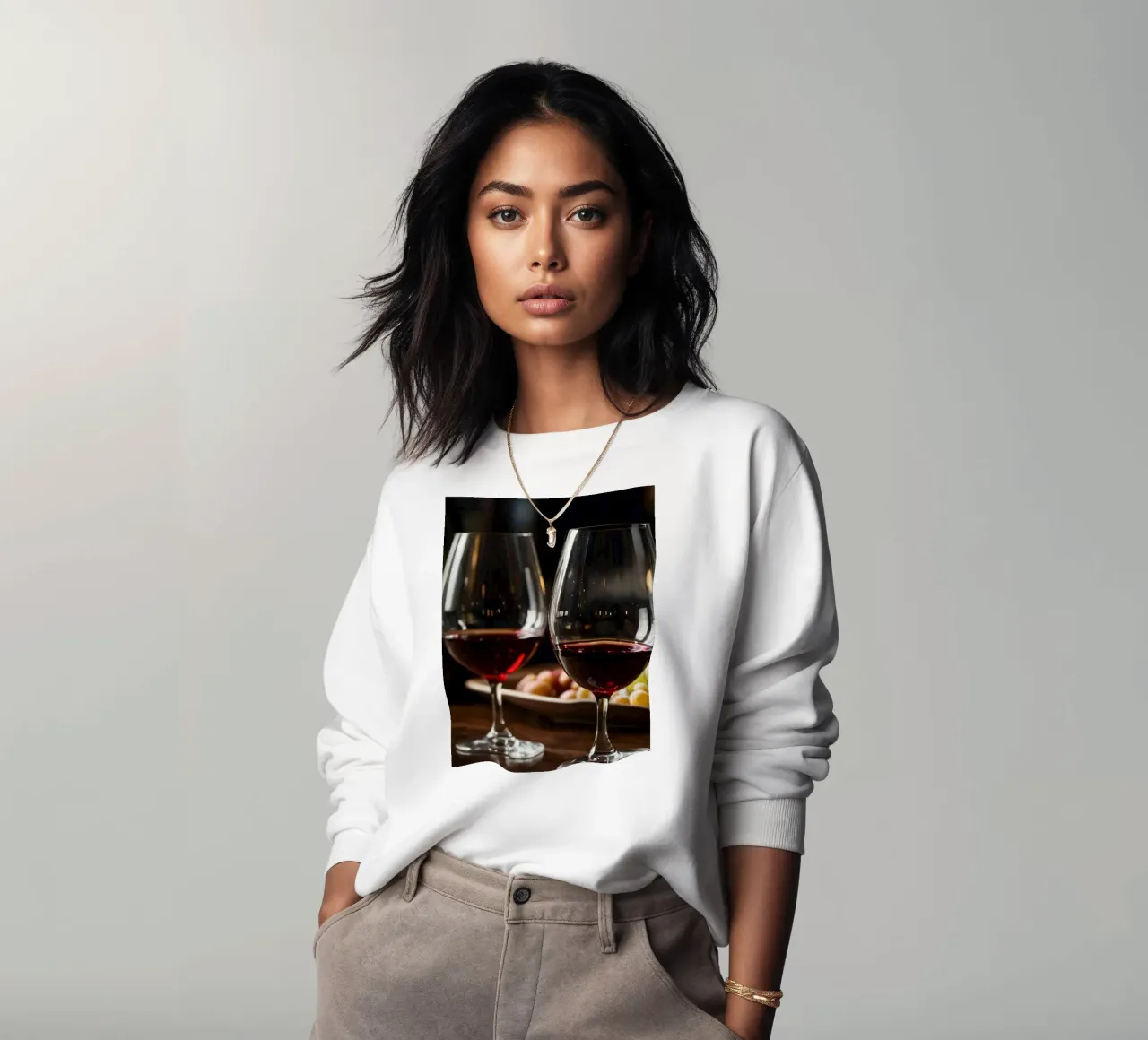 Eleganti bicchieri da vino rosso con uva in un bar accogliente felpa da DesignDoodle