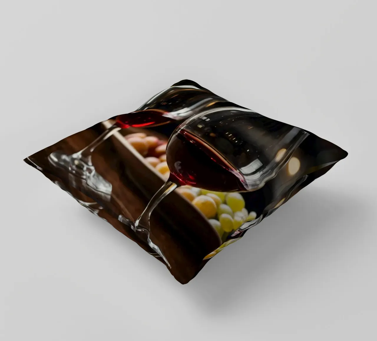 Eleganti bicchieri da vino rosso con uva in un bar accogliente cuscino da DesignDoodle