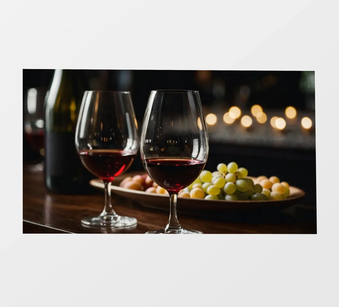 Eleganti bicchieri da vino rosso con uva in un bar accogliente telo in pvc da DesignDoodle