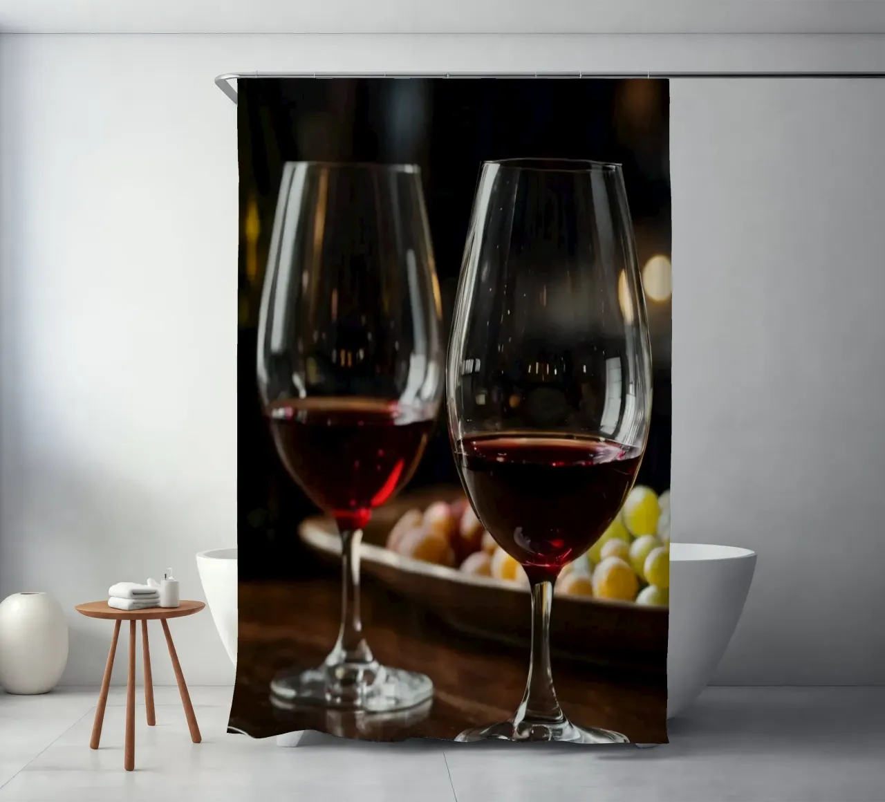 Eleganti bicchieri da vino rosso con uva in un bar accogliente tenda da doccia da DesignDoodle