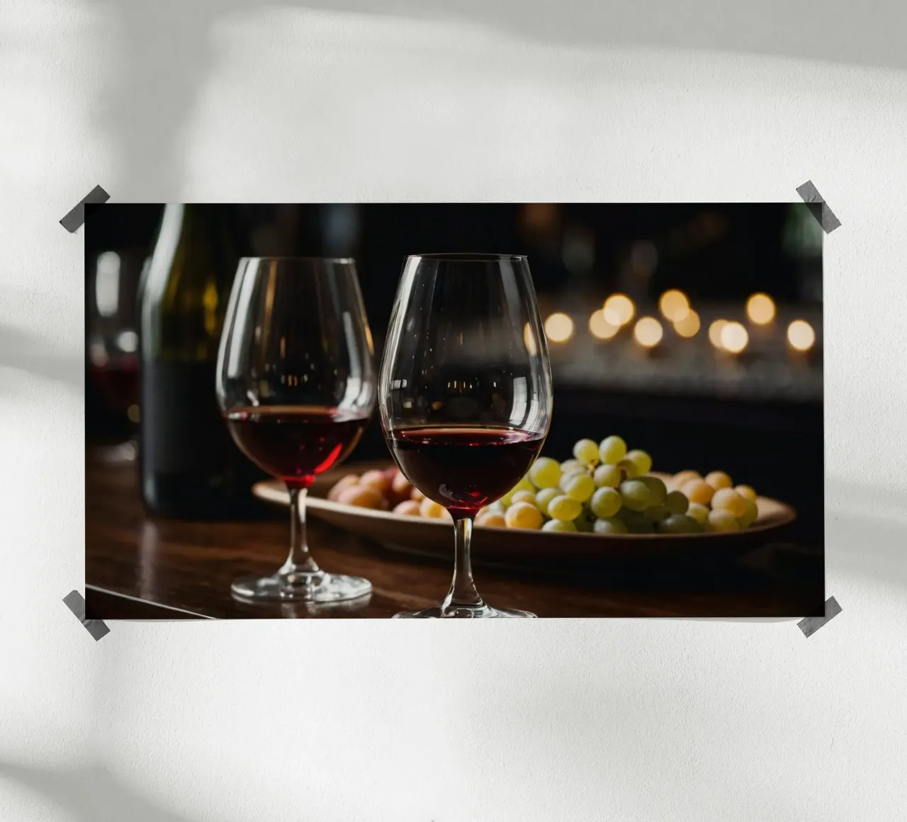 Eleganti bicchieri da vino rosso con uva in un bar accogliente poster con telaio in alluminio da DesignDoodle